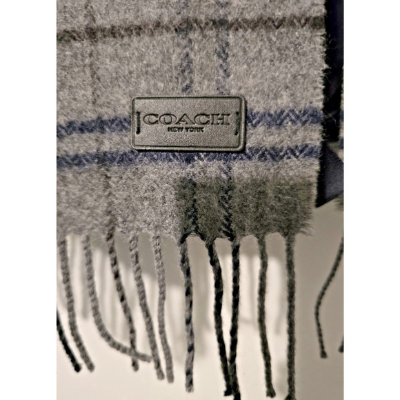 Coach Plaid Scarf, Cashmere Wool Blend,Winter Scarf Gray 12" x 64" - Picture 3 of 4